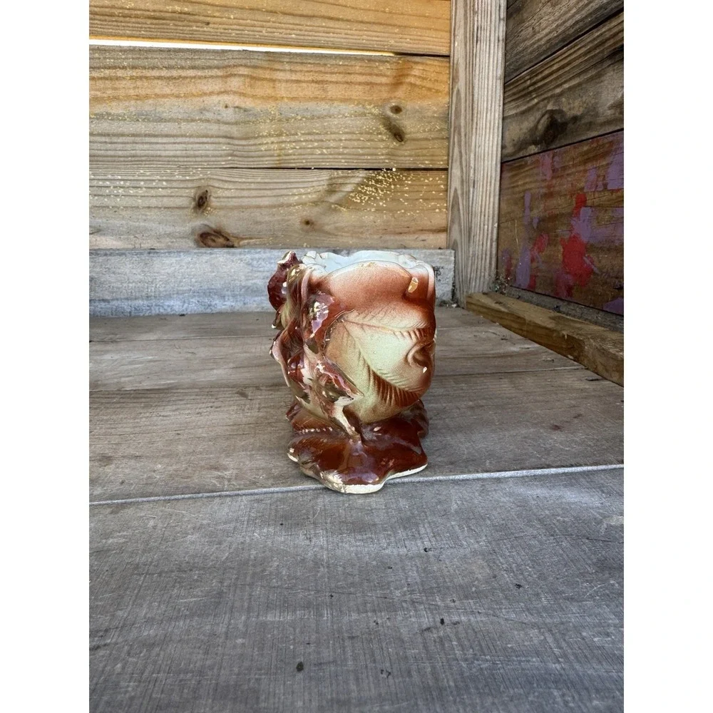 Vintage 40s-50s Ceramic Planter Vase Pomegranate And Leaves Gold Accents Crazing